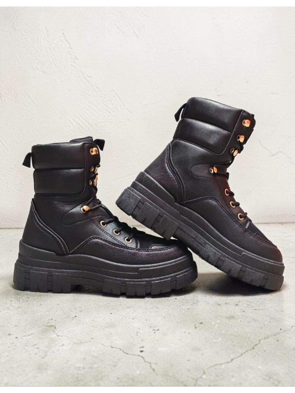 Chunky Black Combat Style Lace-Up Boots With Gold Eyelets For Women - Picture 2 of 9